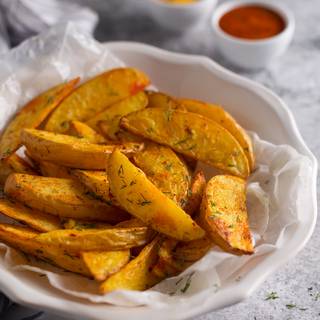 Take the potatoes out of the oven. You can sprinkle some fresh parsley on them. enjoy!