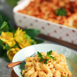 Take the mac and cheese out of the oven when it's golden.