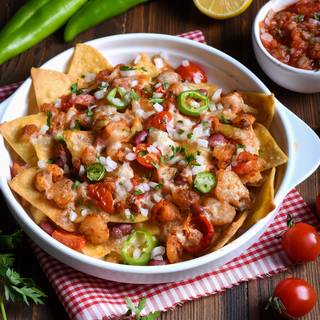 spicy shrimp nachos with tomato sauce