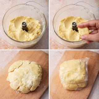 After adding the water, squeeze the dough in your fingers, it should be quite sticky now. Separate it into two pieces. Wrap each part in plastic and let them rest for at least one hour in the fridge.