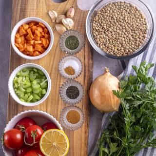 Prepare the soup ingredients. Chop the vegetables.