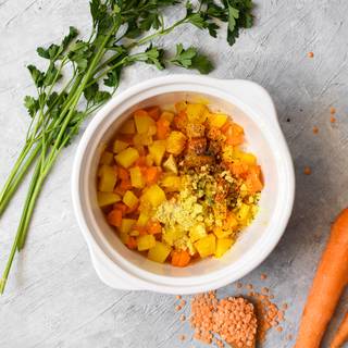 season the potatoes and carrots after they've softened with salt, pepper, chicken bouillon, and thymes.