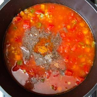 At this last stage, stir in 3 cups of water along with spices and give it around 30 minutes so the lentils fully cook. Of course, this time is approximate and really depends on what kind of lentils you are using and how long it takes for them to cook. 