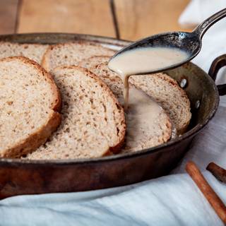 Put the toast pieces together in your dish and pour the rest of the liquid on them. Put the dish in the fridge for an hour or you can even make it the night before and let it stay in the fridge.